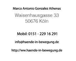 Impressum Marco Gonzalez, Adresse Waisenhausgasse 33, Postleitzahl 50676 Köln, Mobil erreichbar unter 0151:22916291