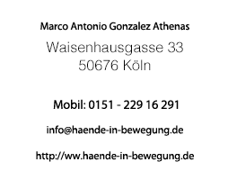 Impressum Marco Gonzalez, Adresse Waisenhausgasse 33, Postleitzahl 50676 K�ln, Mobil erreichbar unter 0151:22916291